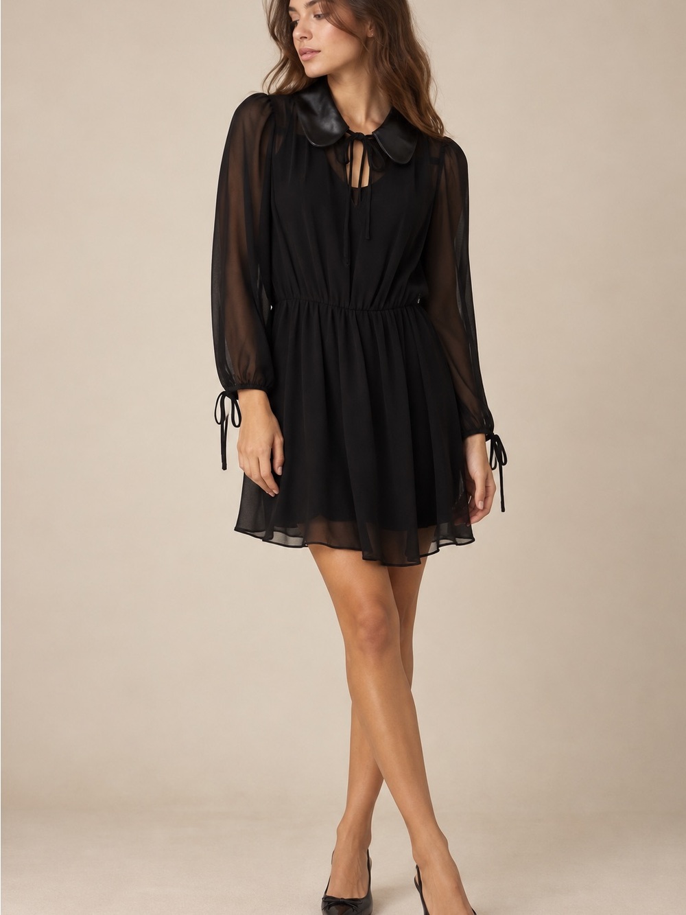 Bar111 Black Chiffon Long-Sleeve Mini Dress with Peter Pan Collar Tie Neck Sz M